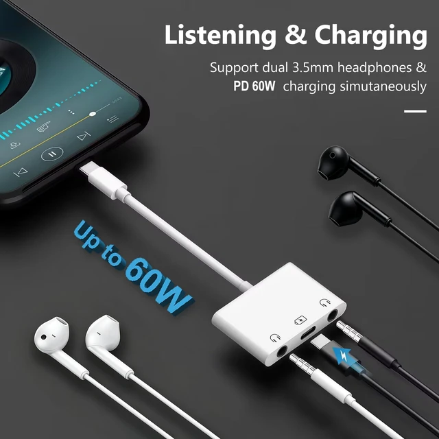 Alt view image 2 of 7 - USB C Headphone Splitter, USB C to Dual 3.5mm Audio and Charging Adapter iPhone iPad Headphone Adapter Headphone Splitter for 2 Headphones AUX to USB C Audio Splitter for iPhone 17/16/15, Galaxy S26