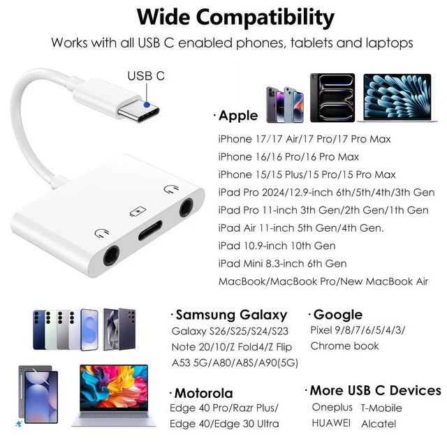 Alt view image 7 of 7 - USB C Headphone Splitter, USB C to Dual 3.5mm Audio and Charging Adapter iPhone iPad Headphone Adapter Headphone Splitter for 2 Headphones AUX to USB C Audio Splitter for iPhone 17/16/15, Galaxy S26