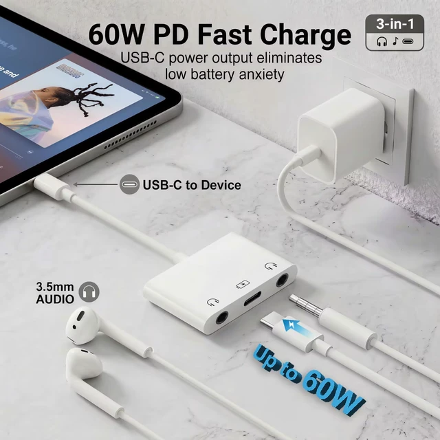 Alt view image 4 of 7 - USB C Headphone Splitter, USB C to Dual 3.5mm Audio and Charging Adapter iPhone iPad Headphone Adapter Headphone Splitter for 2 Headphones AUX to USB C Audio Splitter for iPhone 17/16/15, Galaxy S26