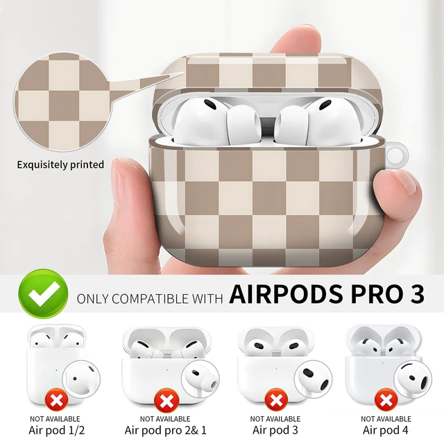 Alt view image 2 of 6 - Compatible with AirPod Pro 3 (2025),Cute Case Cover for Women & Men, Full Protection Shockproof Hard Case with Keychain, Wireless Charging Case Accessories(Brown Coffee Checkered)