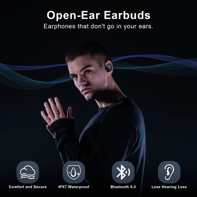 Alt view image 2 of 7 - Open Ear Headphones, Open Ear Earbuds, IPX7 Waterproof, Bluetooth 5.3 True Wireless Sports Over Ear Earbuds with Earhooks, Built-in Mic, Crystal-Clear Calls for Running Workout Cycling Driving (Black)