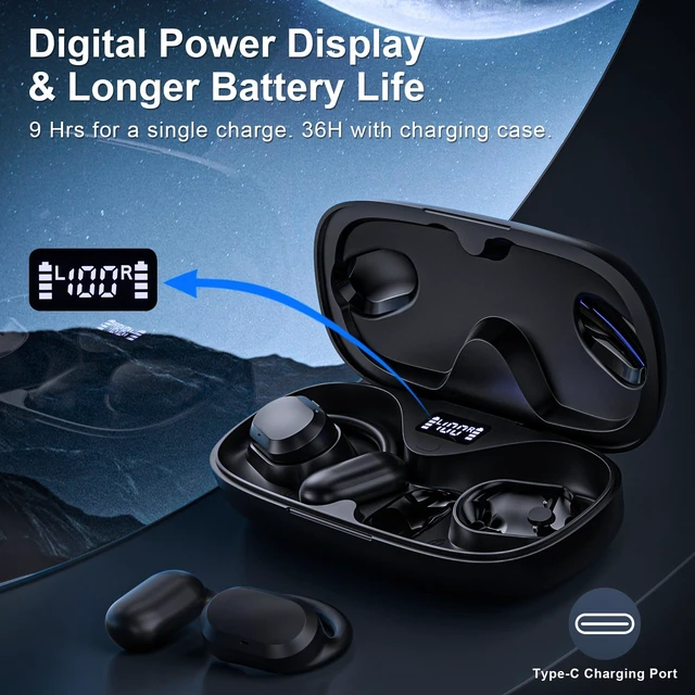Alt view image 5 of 7 - Open Ear Headphones, Open Ear Earbuds, IPX7 Waterproof, Bluetooth 5.3 True Wireless Sports Over Ear Earbuds with Earhooks, Built-in Mic, Crystal-Clear Calls for Running Workout Cycling Driving (Black)