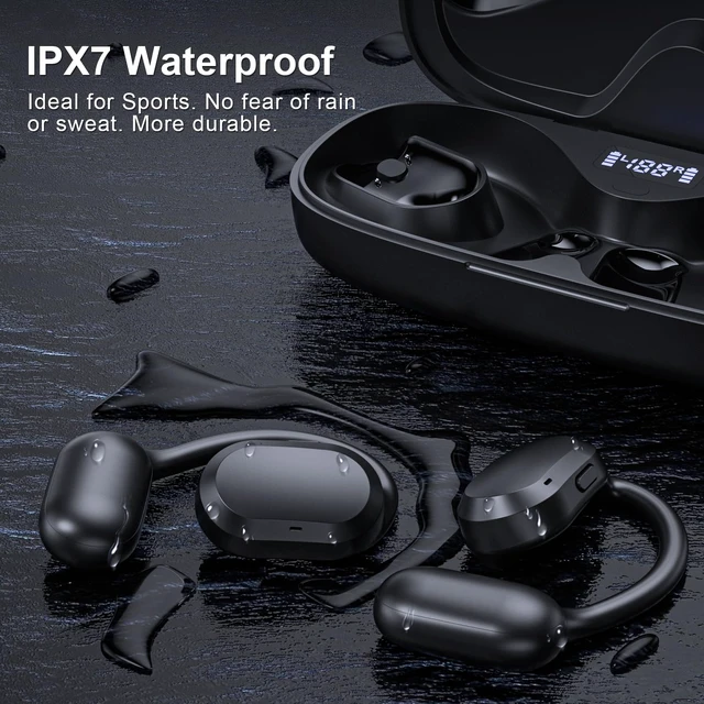 Alt view image 7 of 7 - Open Ear Headphones, Open Ear Earbuds, IPX7 Waterproof, Bluetooth 5.3 True Wireless Sports Over Ear Earbuds with Earhooks, Built-in Mic, Crystal-Clear Calls for Running Workout Cycling Driving (Black)