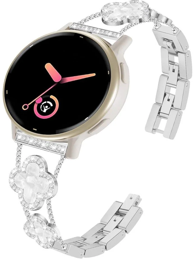 Main image of Compatible for Garmin Vivoactive 6/5/3/3 Music Bands, Women 20mm Four Leaf Clover Rhinestone Bling Wristband Chain Strap for Venu Sq 2/Venu 2 Plus/Approach S50/Forerunner 158/165/245/570 42mm