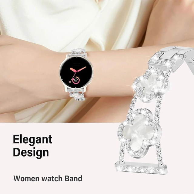 Alt view image 2 of 5 - Compatible for Garmin Vivoactive 6/5/3/3 Music Bands, Women 20mm Four Leaf Clover Rhinestone Bling Wristband Chain Strap for Venu Sq 2/Venu 2 Plus/Approach S50/Forerunner 158/165/245/570 42mm