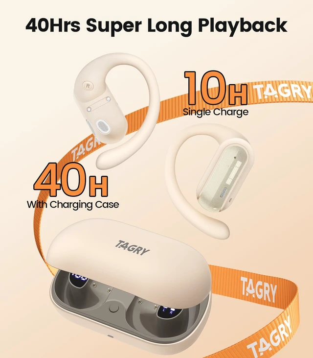 Alt view image 3 of 6 - Open Ear Headphones Wireless Earbuds 40HRS Playtime Fast Charging Headphone Digital Display Earphones with Ergonomic Earhook IPX7 Waterproof Ear Buds for Running Workout Beige