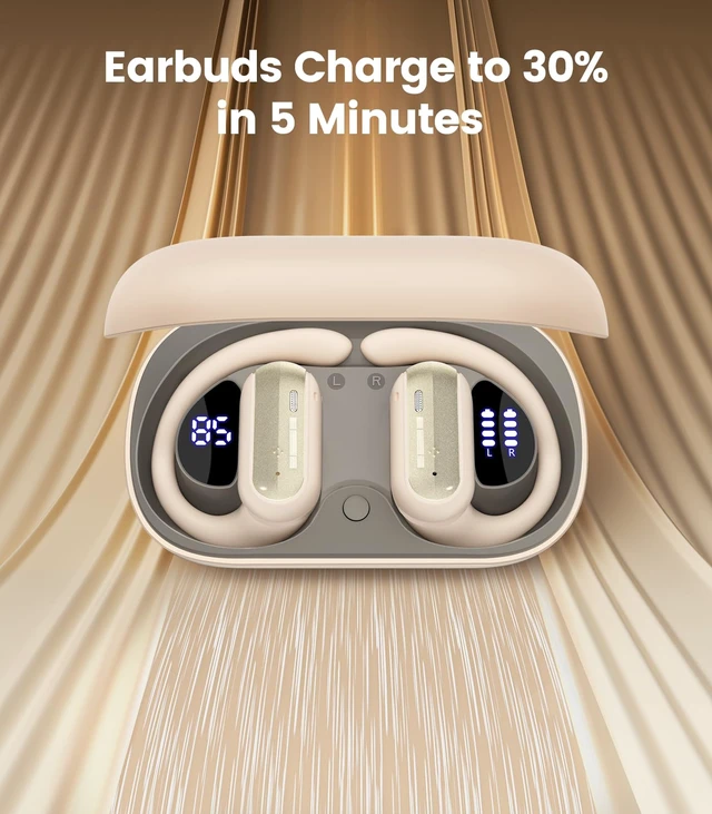 Alt view image 5 of 6 - Open Ear Headphones Wireless Earbuds 40HRS Playtime Fast Charging Headphone Digital Display Earphones with Ergonomic Earhook IPX7 Waterproof Ear Buds for Running Workout Beige