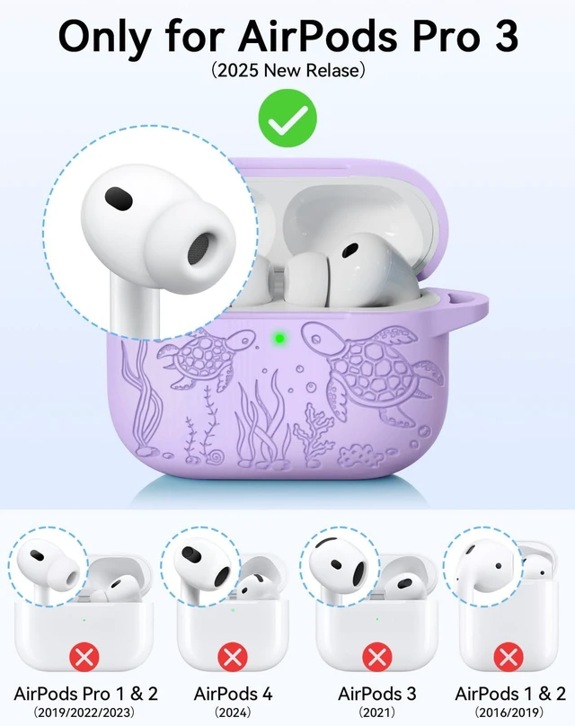 Alt view image 2 of 7 - for AirPods Pro 3 Case 2025 with Cleaner Kit, Purple Cute Turtle Engraved Soft Silicone Protective Case Cover for Apple AirPods Pro 3rd Generation for Women Men with Keychain
