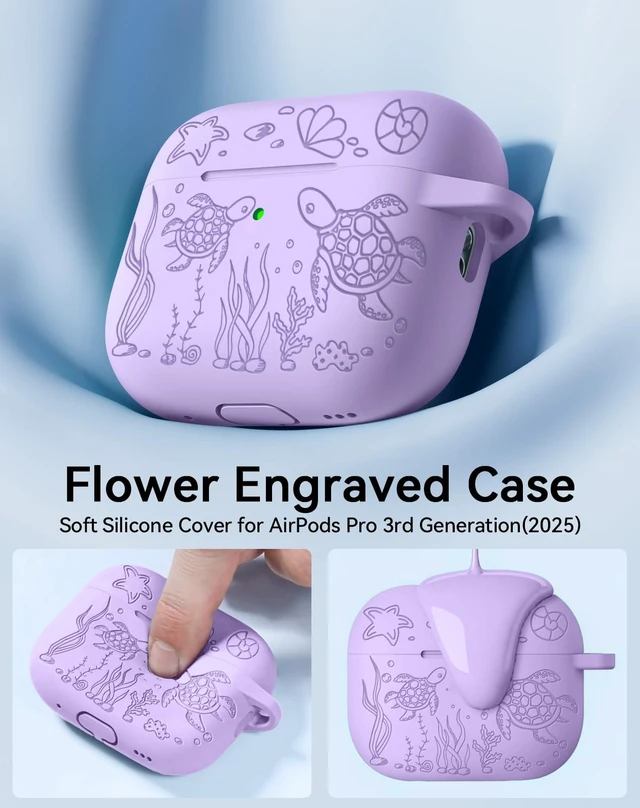 Alt view image 3 of 7 - for AirPods Pro 3 Case 2025 with Cleaner Kit, Purple Cute Turtle Engraved Soft Silicone Protective Case Cover for Apple AirPods Pro 3rd Generation for Women Men with Keychain