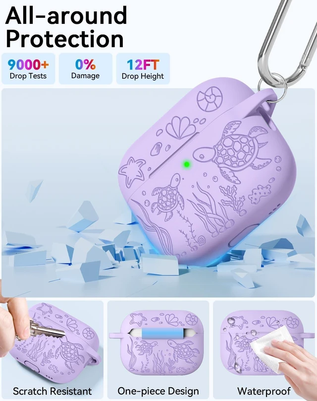 Alt view image 4 of 7 - for AirPods Pro 3 Case 2025 with Cleaner Kit, Purple Cute Turtle Engraved Soft Silicone Protective Case Cover for Apple AirPods Pro 3rd Generation for Women Men with Keychain