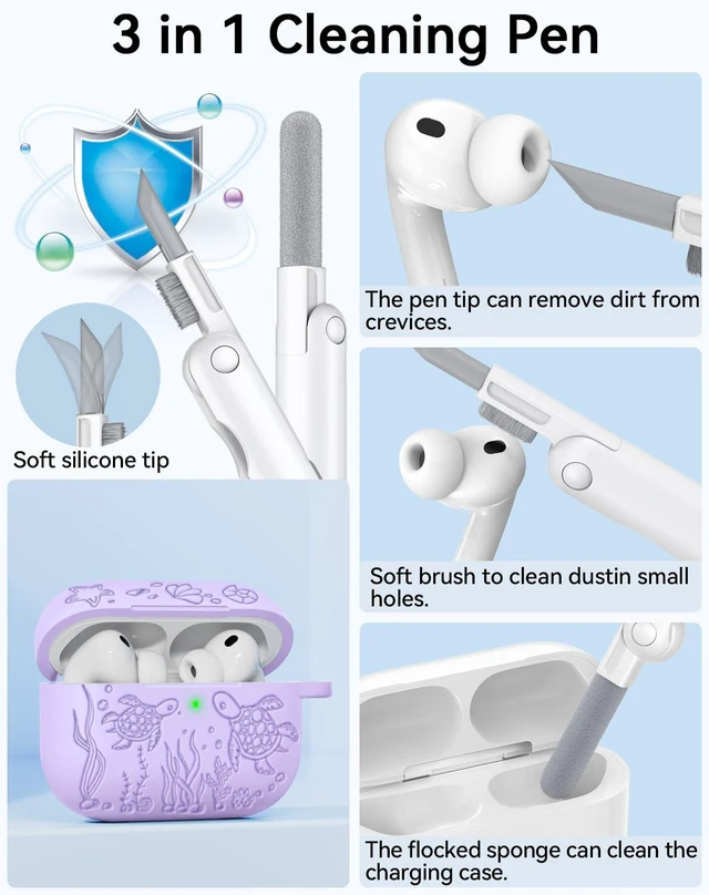 Alt view image 5 of 7 - for AirPods Pro 3 Case 2025 with Cleaner Kit, Purple Cute Turtle Engraved Soft Silicone Protective Case Cover for Apple AirPods Pro 3rd Generation for Women Men with Keychain