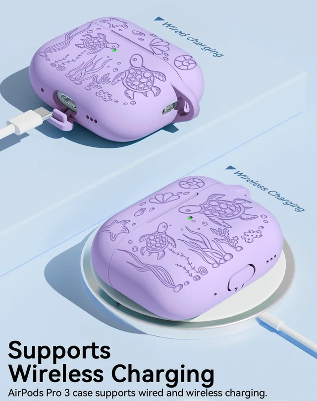 Alt view image 7 of 7 - for AirPods Pro 3 Case 2025 with Cleaner Kit, Purple Cute Turtle Engraved Soft Silicone Protective Case Cover for Apple AirPods Pro 3rd Generation for Women Men with Keychain