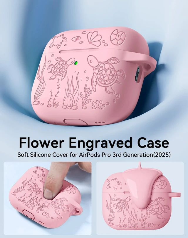 Alt view image 3 of 7 - for AirPods Pro 3 Case 2025 with Cleaner Kit, Pink Cute Turtle Engraved Soft Silicone Protective Case Cover for Apple AirPods Pro 3rd Generation for Women Men with Keychain