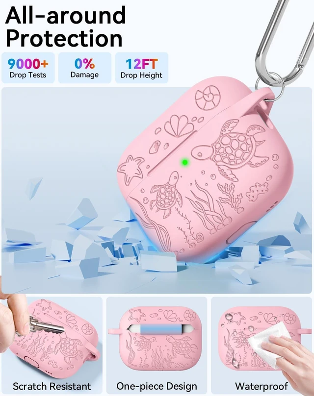 Alt view image 4 of 7 - for AirPods Pro 3 Case 2025 with Cleaner Kit, Pink Cute Turtle Engraved Soft Silicone Protective Case Cover for Apple AirPods Pro 3rd Generation for Women Men with Keychain
