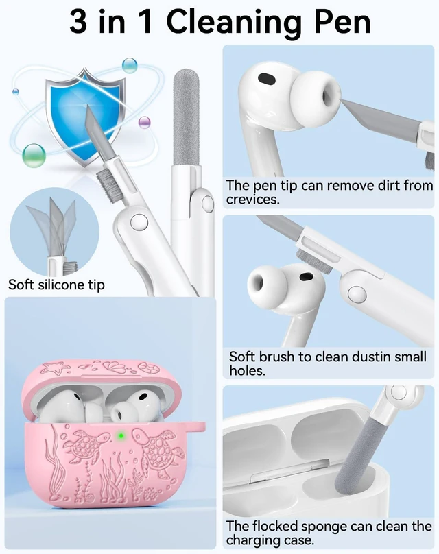 Alt view image 5 of 7 - for AirPods Pro 3 Case 2025 with Cleaner Kit, Pink Cute Turtle Engraved Soft Silicone Protective Case Cover for Apple AirPods Pro 3rd Generation for Women Men with Keychain