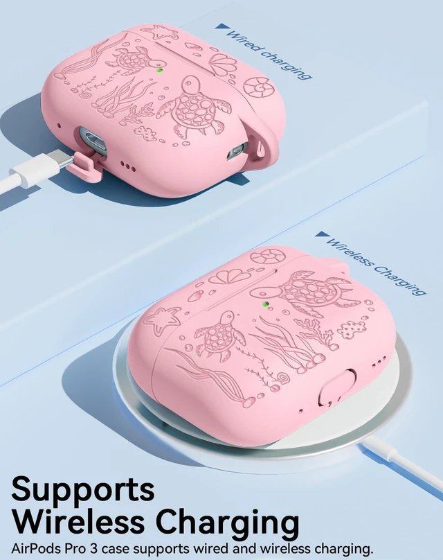 Alt view image 7 of 7 - for AirPods Pro 3 Case 2025 with Cleaner Kit, Pink Cute Turtle Engraved Soft Silicone Protective Case Cover for Apple AirPods Pro 3rd Generation for Women Men with Keychain