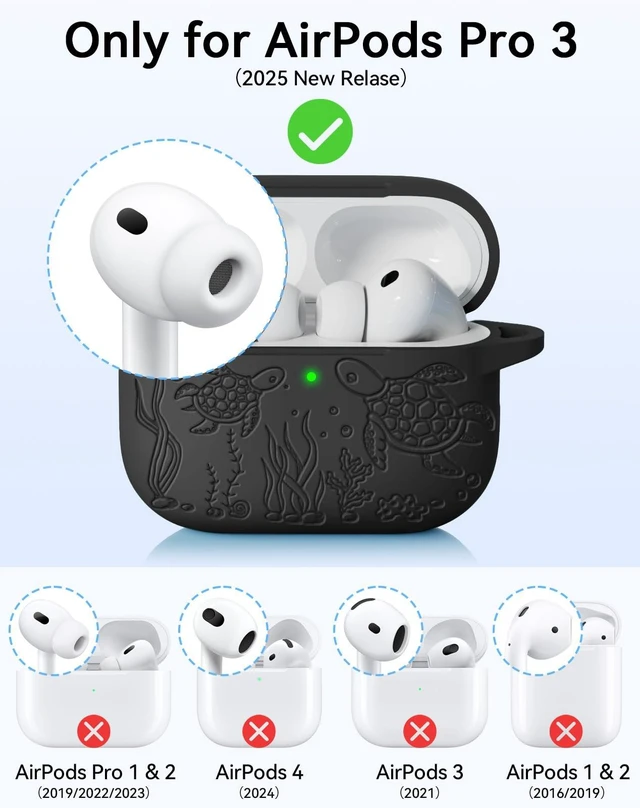 Alt view image 2 of 7 - for AirPods Pro 3 Case 2025 with Cleaner Kit, Black Cute Turtle Engraved Soft Silicone Protective Case Cover for Apple AirPods Pro 3rd Generation for Women Men with Keychain