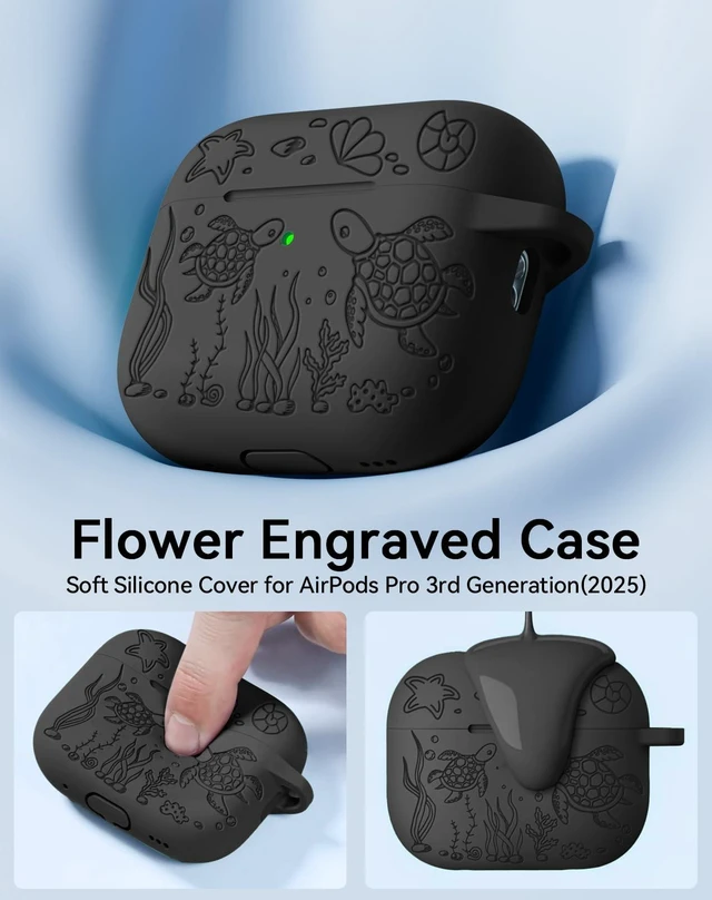 Alt view image 3 of 7 - for AirPods Pro 3 Case 2025 with Cleaner Kit, Black Cute Turtle Engraved Soft Silicone Protective Case Cover for Apple AirPods Pro 3rd Generation for Women Men with Keychain