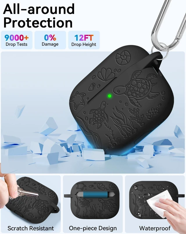 Alt view image 4 of 7 - for AirPods Pro 3 Case 2025 with Cleaner Kit, Black Cute Turtle Engraved Soft Silicone Protective Case Cover for Apple AirPods Pro 3rd Generation for Women Men with Keychain
