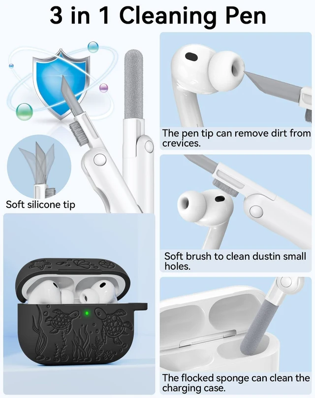 Alt view image 5 of 7 - for AirPods Pro 3 Case 2025 with Cleaner Kit, Black Cute Turtle Engraved Soft Silicone Protective Case Cover for Apple AirPods Pro 3rd Generation for Women Men with Keychain