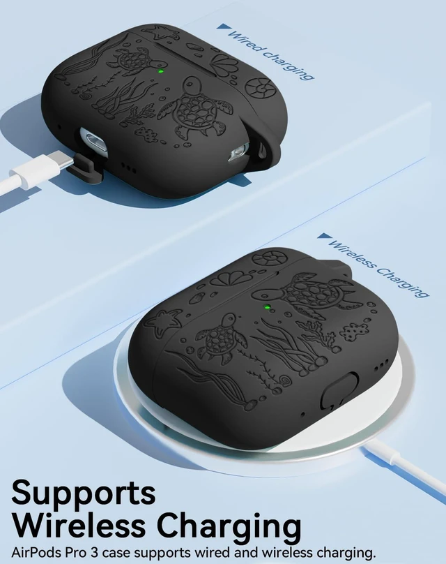 Alt view image 7 of 7 - for AirPods Pro 3 Case 2025 with Cleaner Kit, Black Cute Turtle Engraved Soft Silicone Protective Case Cover for Apple AirPods Pro 3rd Generation for Women Men with Keychain