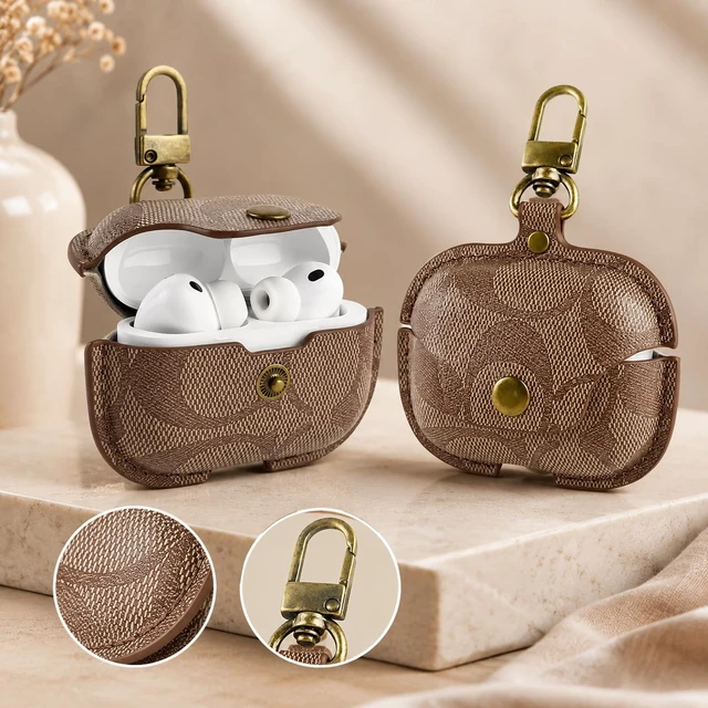 Alt view image 6 of 7 - Leather Case for AirPods Pro 3, Shockproof Cover with Keychain, Coffee Scratchresistant printed leather, snapbutton flap, metal key clip, precise cutouts for fast charging