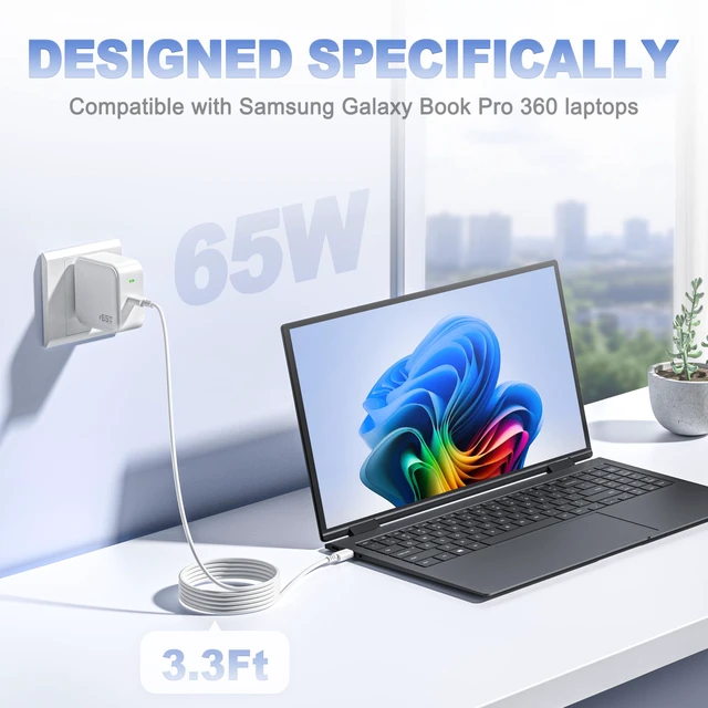 Alt view image 3 of 7 - 65W GaN USB-C Fast Adapter Compatible with Samsung Galaxy Book Pro Charger For Galaxy Book Pro 360 Laptop Power Cord EP-TA865, Galaxy Book 2 3 4 5 Pro NP950QDB NP930QDB NP935QDC Type C Charging Cable