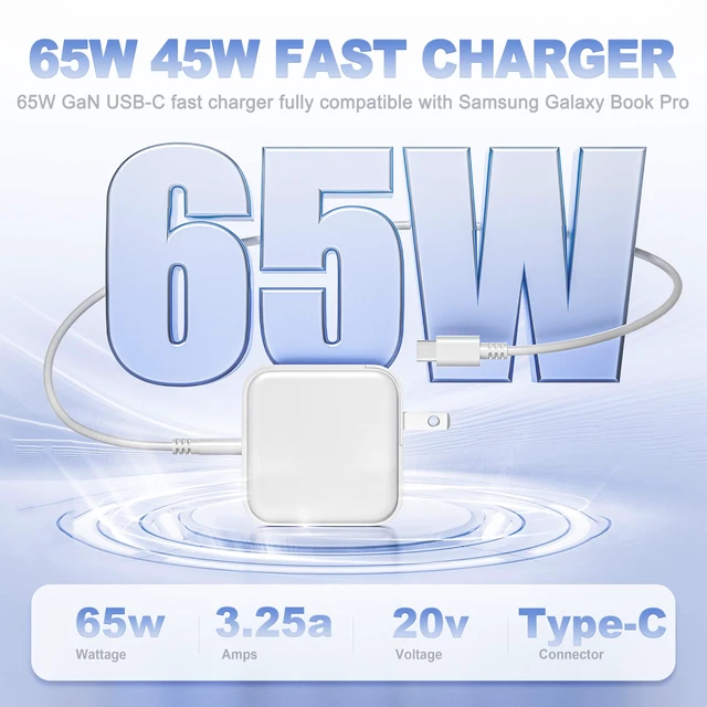Alt view image 2 of 7 - 65W GaN USB-C Fast Adapter Compatible with Samsung Galaxy Book Pro Charger For Galaxy Book Pro 360 Laptop Power Cord EP-TA865, Galaxy Book 2 3 4 5 Pro NP950QDB NP930QDB NP935QDC Type C Charging Cable