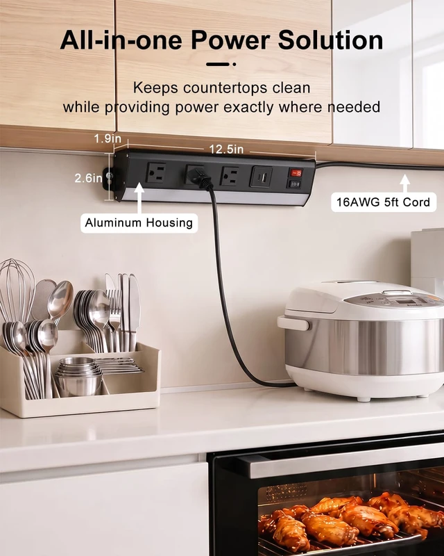 Alt view image 2 of 6 - Under Cabinet Power Strip with Light, 3 Outlets, PD20W USB-C, Black 12.5in, Aluminum Housing, Type-C Fast Charging, Plug-in Under Counter Lighting, 3000K/6000K Switch, for Kitchen Workbench