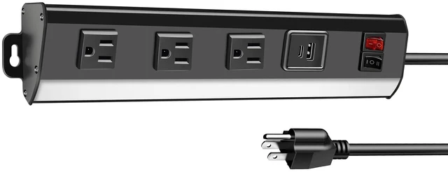 Main image of Under Cabinet Power Strip with Light, 3 Outlets, PD20W USB-C, Black 12.5in, Aluminum Housing, Type-C Fast Charging, Plug-in Under Counter Lighting, 3000K/6000K Switch, for Kitchen Workbench
