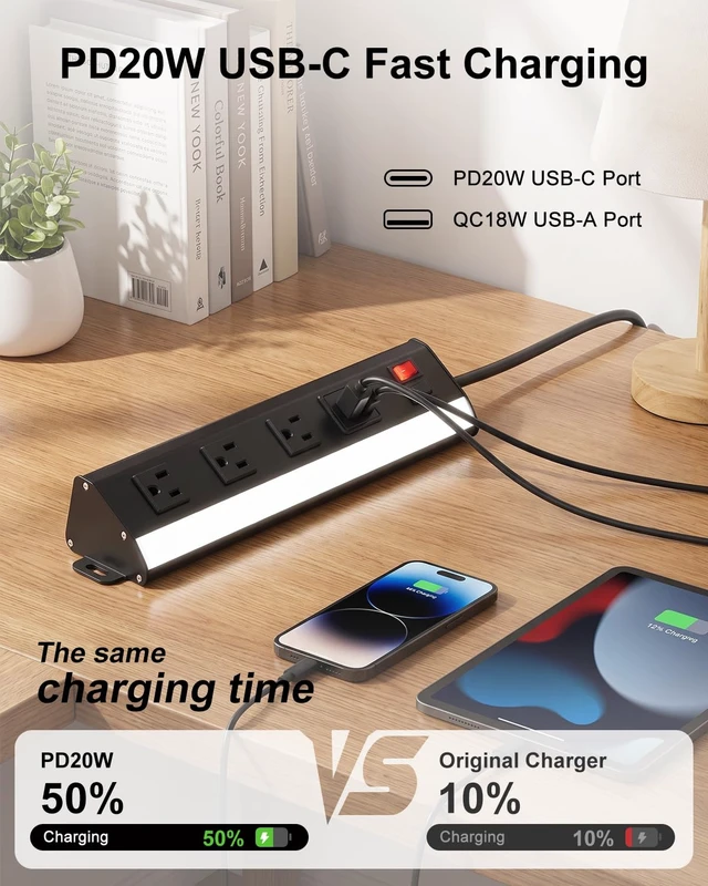 Alt view image 4 of 6 - Under Cabinet Power Strip with Light, 3 Outlets, PD20W USB-C, Black 12.5in, Aluminum Housing, Type-C Fast Charging, Plug-in Under Counter Lighting, 3000K/6000K Switch, for Kitchen Workbench