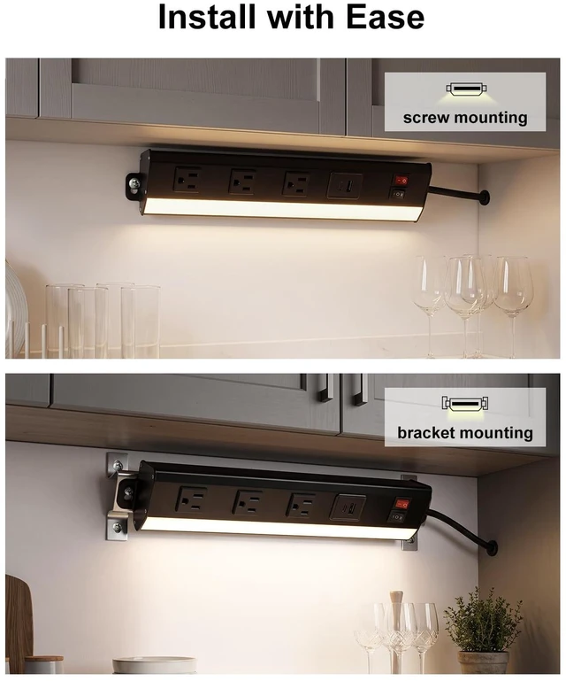 Alt view image 6 of 6 - Under Cabinet Power Strip with Light, 3 Outlets, PD20W USB-C, Black 12.5in, Aluminum Housing, Type-C Fast Charging, Plug-in Under Counter Lighting, 3000K/6000K Switch, for Kitchen Workbench