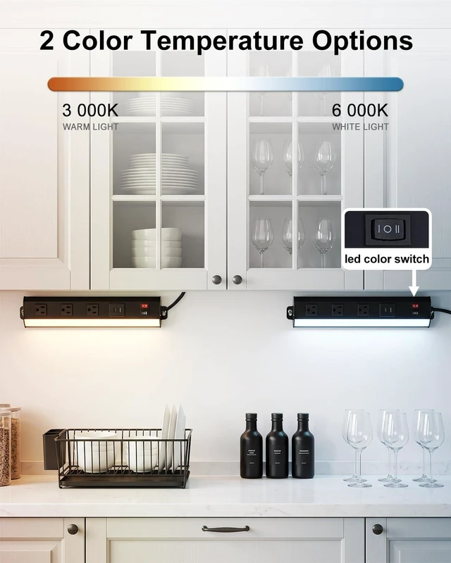Alt view image 5 of 6 - Under Cabinet Power Strip with Light, 3 Outlets, PD20W USB-C, Black 12.5in, Aluminum Housing, Type-C Fast Charging, Plug-in Under Counter Lighting, 3000K/6000K Switch, for Kitchen Workbench