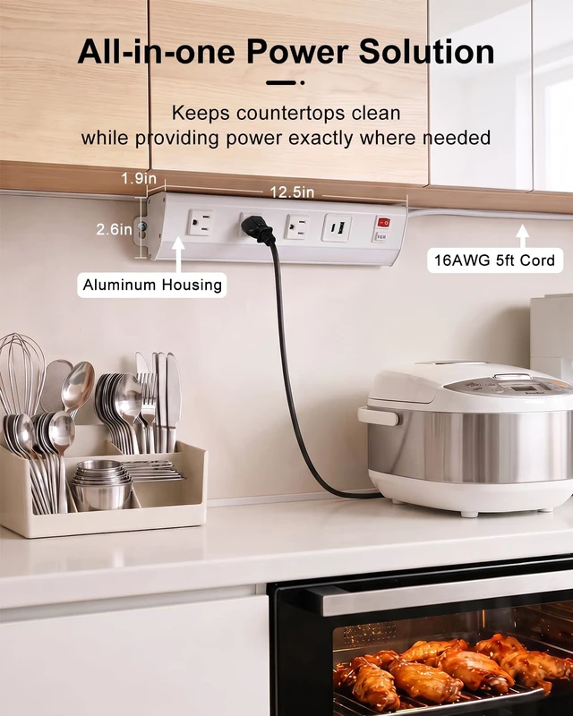 Alt view image 2 of 7 - Under Cabinet Power Strip with Light, 3 Outlets, PD20W USB-C, White 12.5in, Aluminum Housing, Type-C Fast Charging, Plug-in Under Counter Lighting, 3000K/6000K Switch, for Kitchen Workbench
