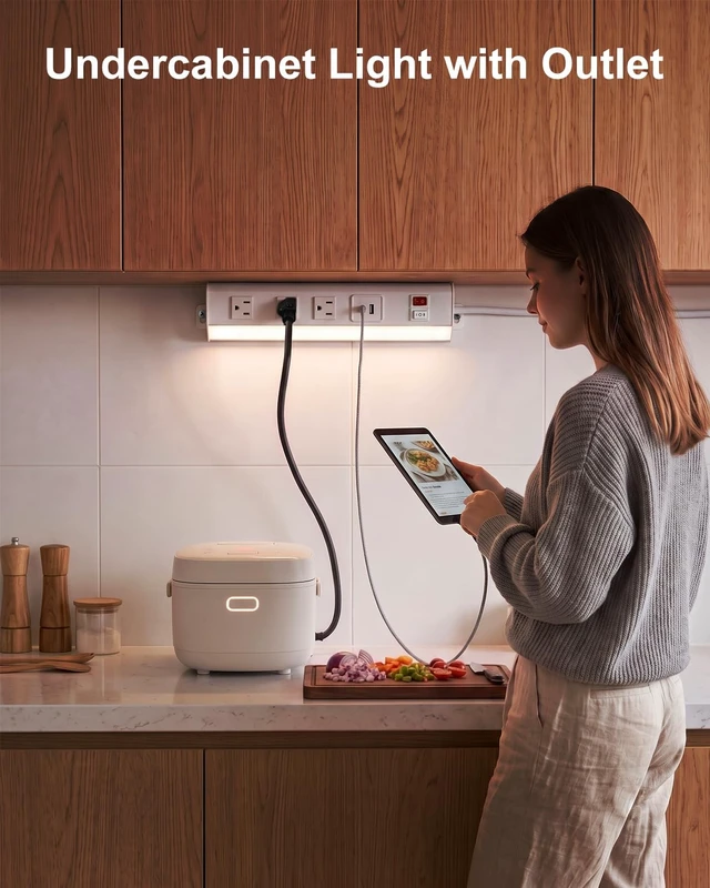 Alt view image 3 of 7 - Under Cabinet Power Strip with Light, 3 Outlets, PD20W USB-C, White 12.5in, Aluminum Housing, Type-C Fast Charging, Plug-in Under Counter Lighting, 3000K/6000K Switch, for Kitchen Workbench
