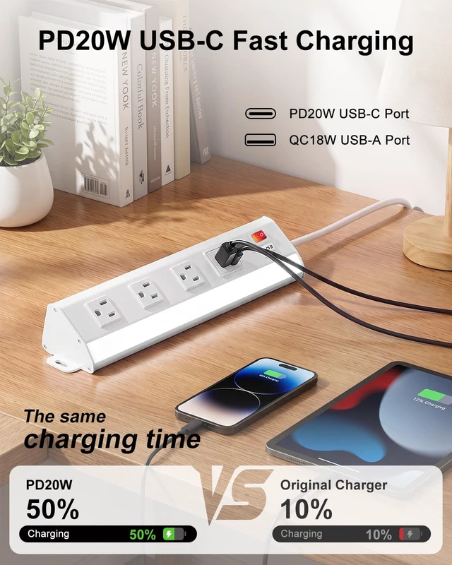 Alt view image 5 of 7 - Under Cabinet Power Strip with Light, 3 Outlets, PD20W USB-C, White 12.5in, Aluminum Housing, Type-C Fast Charging, Plug-in Under Counter Lighting, 3000K/6000K Switch, for Kitchen Workbench