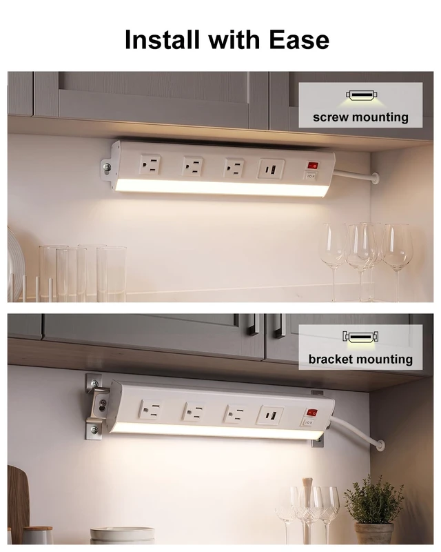 Alt view image 6 of 7 - Under Cabinet Power Strip with Light, 3 Outlets, PD20W USB-C, White 12.5in, Aluminum Housing, Type-C Fast Charging, Plug-in Under Counter Lighting, 3000K/6000K Switch, for Kitchen Workbench
