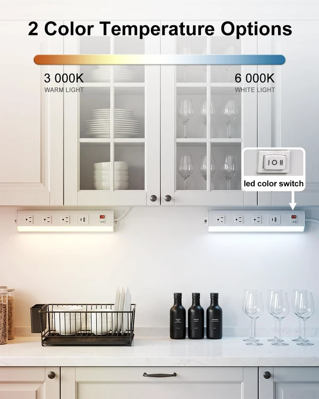 Alt view image 4 of 7 - Under Cabinet Power Strip with Light, 3 Outlets, PD20W USB-C, White 12.5in, Aluminum Housing, Type-C Fast Charging, Plug-in Under Counter Lighting, 3000K/6000K Switch, for Kitchen Workbench