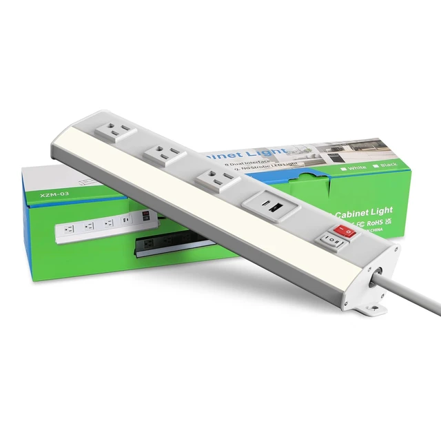 Alt view image 7 of 7 - Under Cabinet Power Strip with Light, 3 Outlets, PD20W USB-C, White 12.5in, Aluminum Housing, Type-C Fast Charging, Plug-in Under Counter Lighting, 3000K/6000K Switch, for Kitchen Workbench