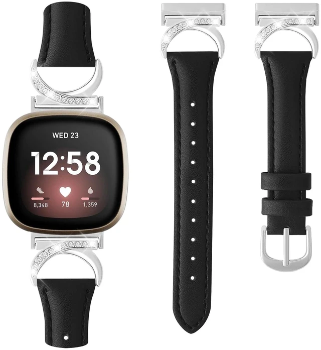 Main image of Women Bling Leather Band for Fitbit Versa 4/3,Sense 2/Sense C-Shaped Metal Buckle,Soft Leather,Adjustable,Dressy for Daily Work and Party,Ideal Gift for Women