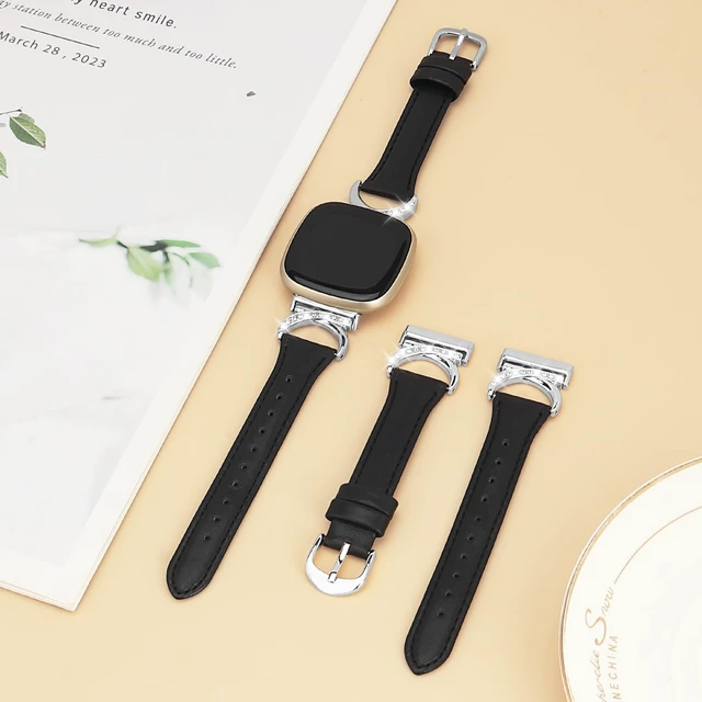 Alt view image 3 of 7 - Women Bling Leather Band for Fitbit Versa 4/3,Sense 2/Sense C-Shaped Metal Buckle,Soft Leather,Adjustable,Dressy for Daily Work and Party,Ideal Gift for Women