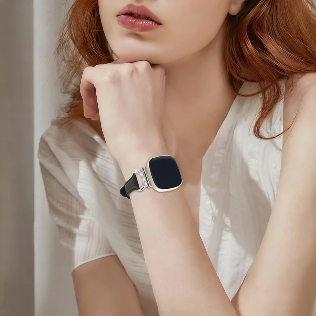 Alt view image 7 of 7 - Women Bling Leather Band for Fitbit Versa 4/3,Sense 2/Sense C-Shaped Metal Buckle,Soft Leather,Adjustable,Dressy for Daily Work and Party,Ideal Gift for Women