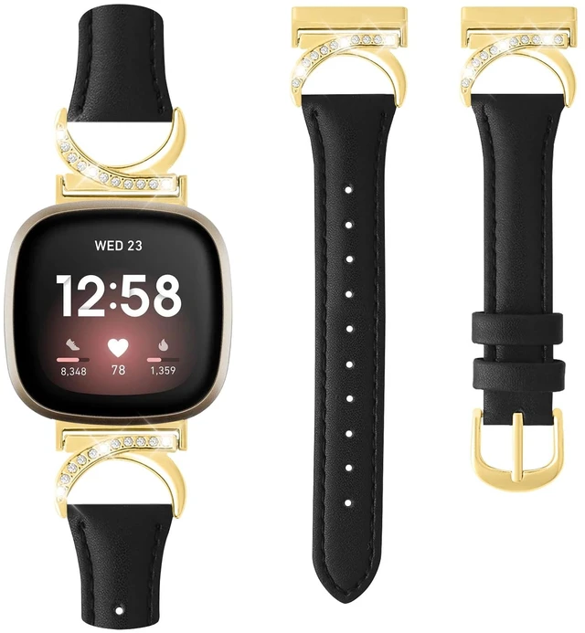 Main image of Women Bling Leather Band for Fitbit Versa 4/3,Sense 2/Sense C-Shaped Metal Buckle,Soft Leather,Adjustable,Dressy for Daily Work and Party,Ideal Gift for Women