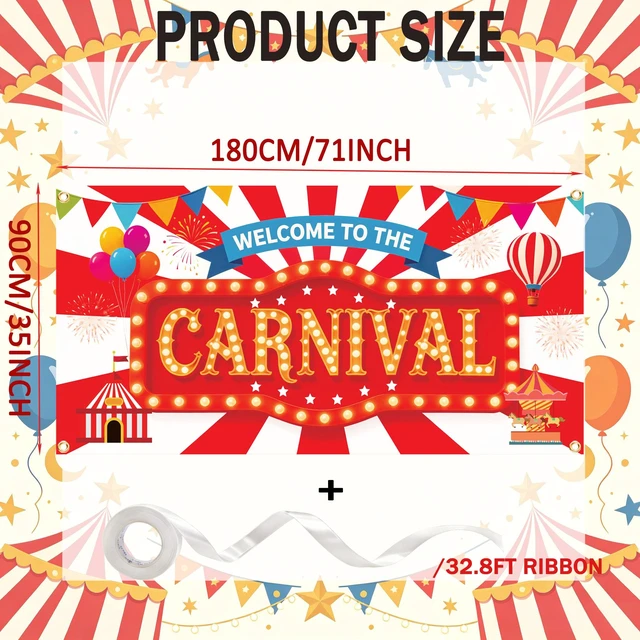 Alt view image 2 of 5 - Carnival Backdrop Banner 71x35 Inch Red Circus Backdrop Welcome to the Carnival Banner Circus Theme Decorations Photo Booth Background with 32.8 Ft Ribbon