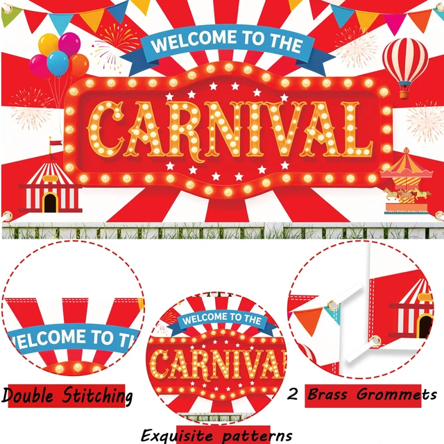 Alt view image 3 of 5 - Carnival Backdrop Banner 71x35 Inch Red Circus Backdrop Welcome to the Carnival Banner Circus Theme Decorations Photo Booth Background with 32.8 Ft Ribbon