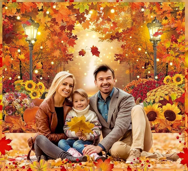 Alt view image 3 of 7 - Fall Photo Backdrop Autumn Pumpkins Maple Leaves Forest Scenery Background 7x5ft Autumn Harvest Photography Backdrop,Fall Thanksgiving Day Friendsgiving Party Decorations Banner Booth Props