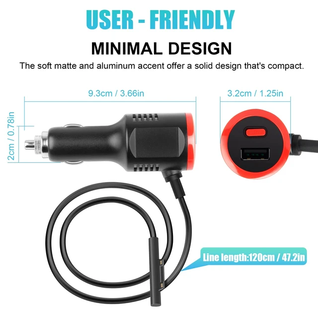 Alt view image 2 of 7 - 41W 12V 2.58A Surface Car Charger, Power Supply for Microsoft Surface Pro 3/Pro 4/Pro 5/Pro 6, Surface Book, Surface Go, Surface Laptop with USB Charging Port(5V 2.1A)