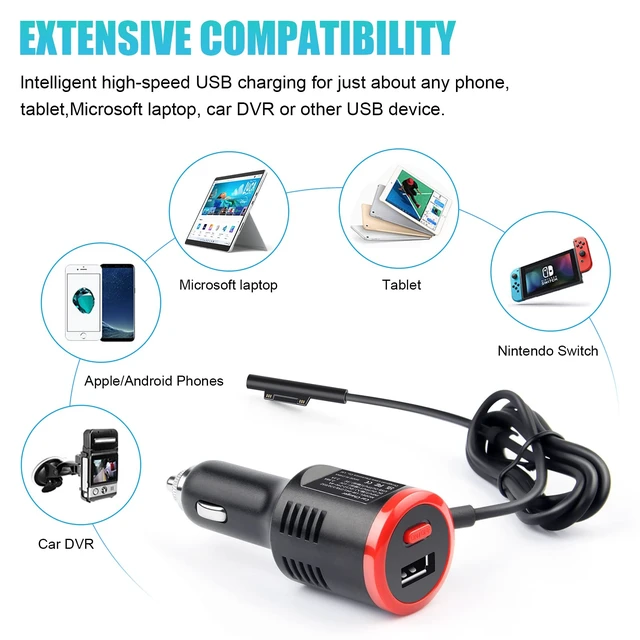 Alt view image 3 of 7 - 41W 12V 2.58A Surface Car Charger, Power Supply for Microsoft Surface Pro 3/Pro 4/Pro 5/Pro 6, Surface Book, Surface Go, Surface Laptop with USB Charging Port(5V 2.1A)