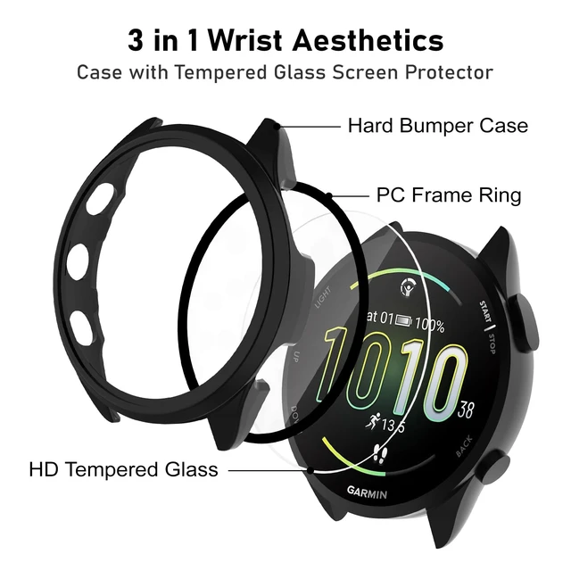 Alt view image 3 of 7 - Screen Protector Case Compatible with Garmin Forerunner 165 & 165 Music, 4-Pack Hard PC Cover with HD Tempered Glass Anti-scratch Shell for Garmin Forerunner 165 & 165 Music (Black+Pink+Beige+Clear)