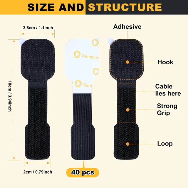 Alt view image 2 of 7 - Under Desk Cable Management, Reusable Wire Organizers, 40 Pack Self Adhesive Hook & Loop Ties with Strong Sticky Backing, Reusable Cord Organizers, Cable Straps for Home Office PC